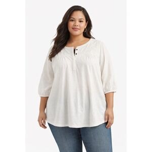 Lucky Brand Womens Off White Embroidered Henley Long Sleeve Top 2X 7Q64073 NEW